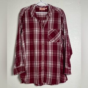 EVRI Plaid Shirt Collar V-Neck Button Down Women's Size 1X Red White Casual